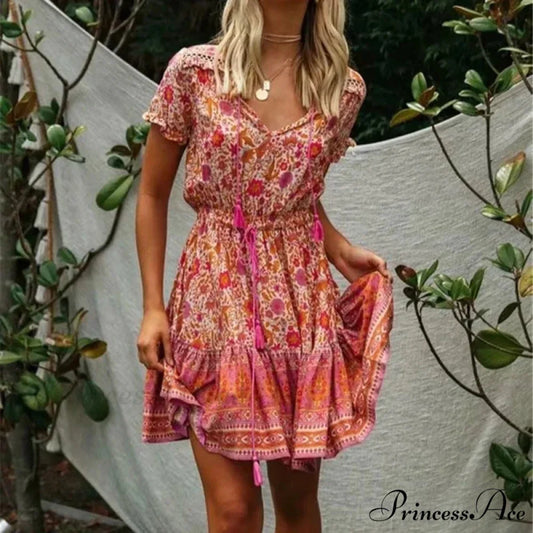 Various Flower Pattern V-neck Half Sleeve Baggy Mini Boho Dress Pink / S bohodress-250126