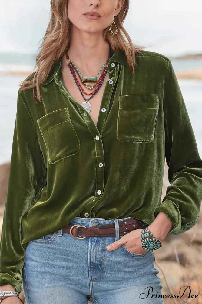 Velvet Button Up Blouse with Lapel Green / S