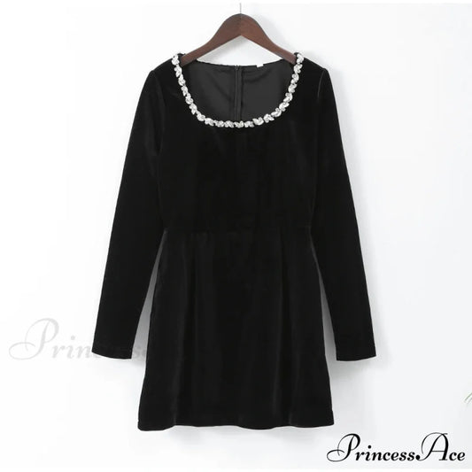 Velvet High Waist A-Line Party Dress Black styleB / S