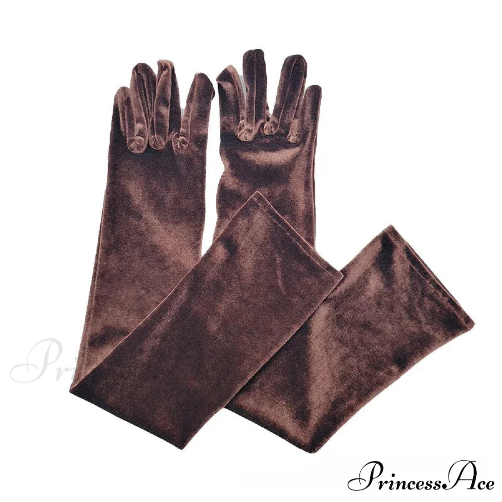 Velvet Ladies Warm Long Retro Dance Stage Etiquette Winter Christmas Gloves Brown