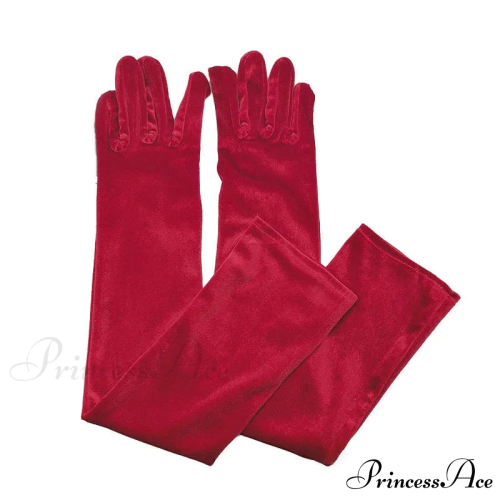 Velvet Ladies Warm Long Retro Dance Stage Etiquette Winter Christmas Gloves Wine Red