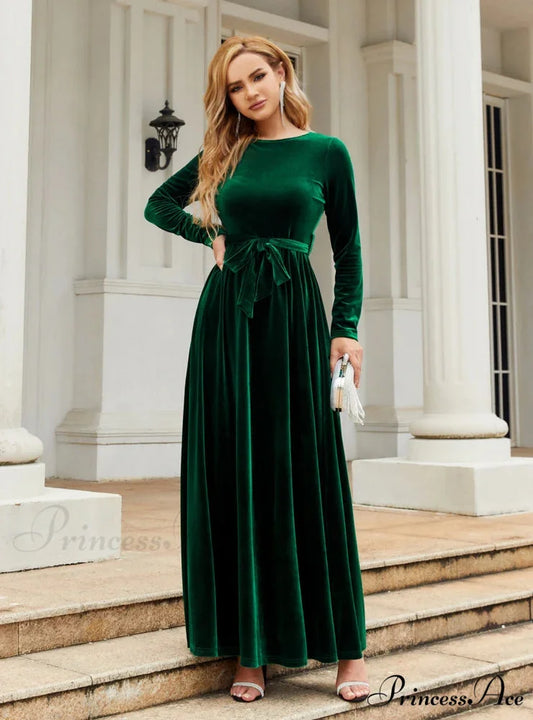 VELVET LONG SLEEVE DRESS - SOLID COLOR S / dark blue