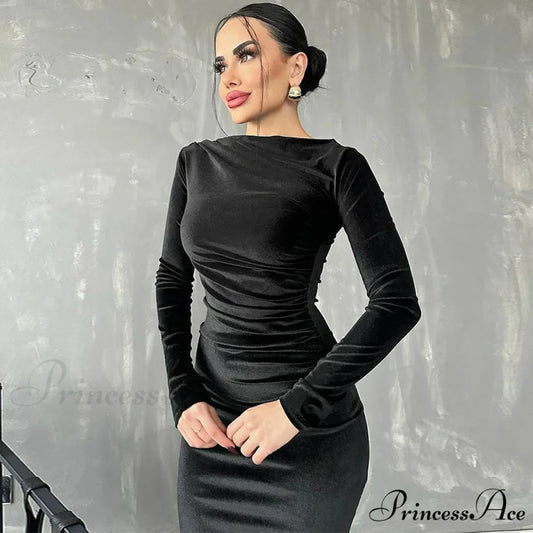 Velvet Long Sleeve Midi Dress - Elegant Party Clothes for Christmas Party Black / S