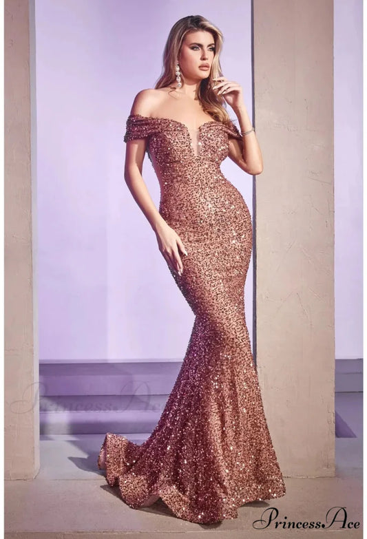 Velvet Off Shoulder Mermaid Party Dress champagne pink / s