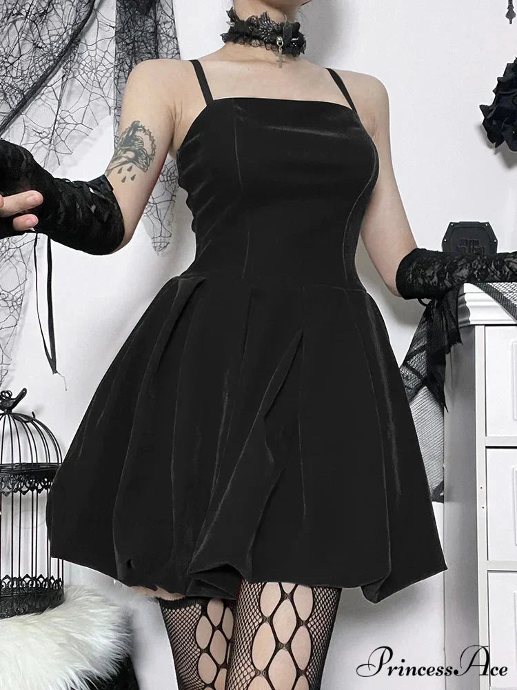Velvet Solid Shirring High Waist Spaghetti Straps A-Line Party Mini Elegant New Year Dress Black / S