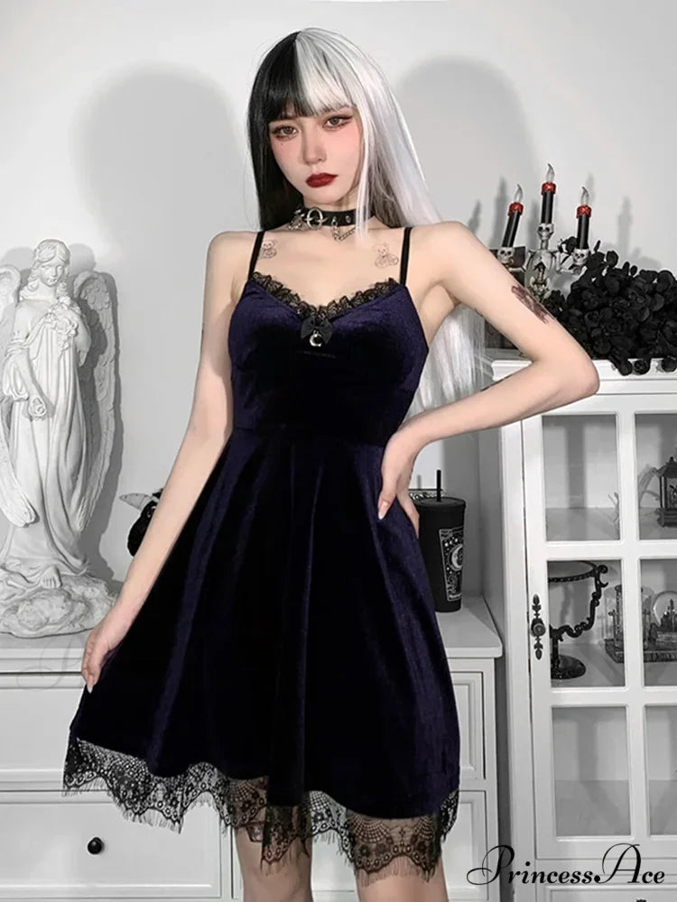 Velvet Spaghetti Strap Backless Moon Pendant Colorful Lace Trim A-Line Waist-in Sleeveless Corset Dress PURPLE / S