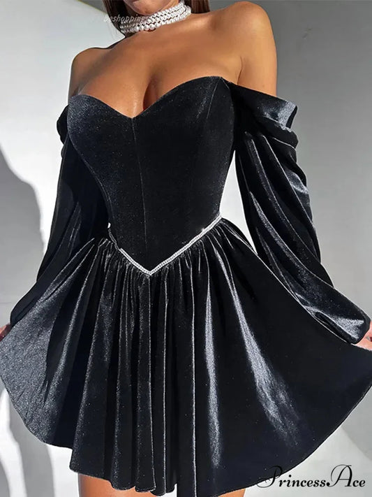Velvet Strapless Off Shoulder Party Dress Black / S