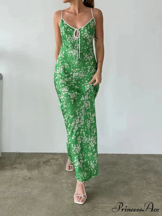 Verdant Blooms Pattern Seaside Relaxed Bohemian Open-Back Spaghetti Strap Dress Green / S floraldress-250126