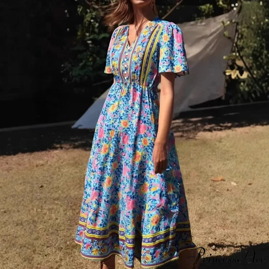 Verdant Flower Pattern Frills Sleeve Fringe V-neck Rayon Maxi Boho Dress Green / S bohodress-250126