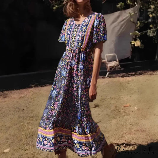 Verdant Flower Pattern Frills Sleeve Fringe V-neck Rayon Maxi Boho Dress navy / S bohodress-250126