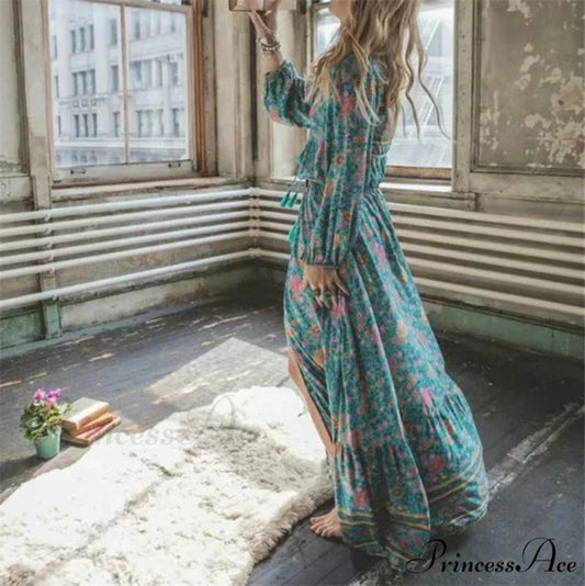 Verdant Flower Pattern Fringe Rayon Cotton Seaside Maxi Boho Dress bohodress-250126