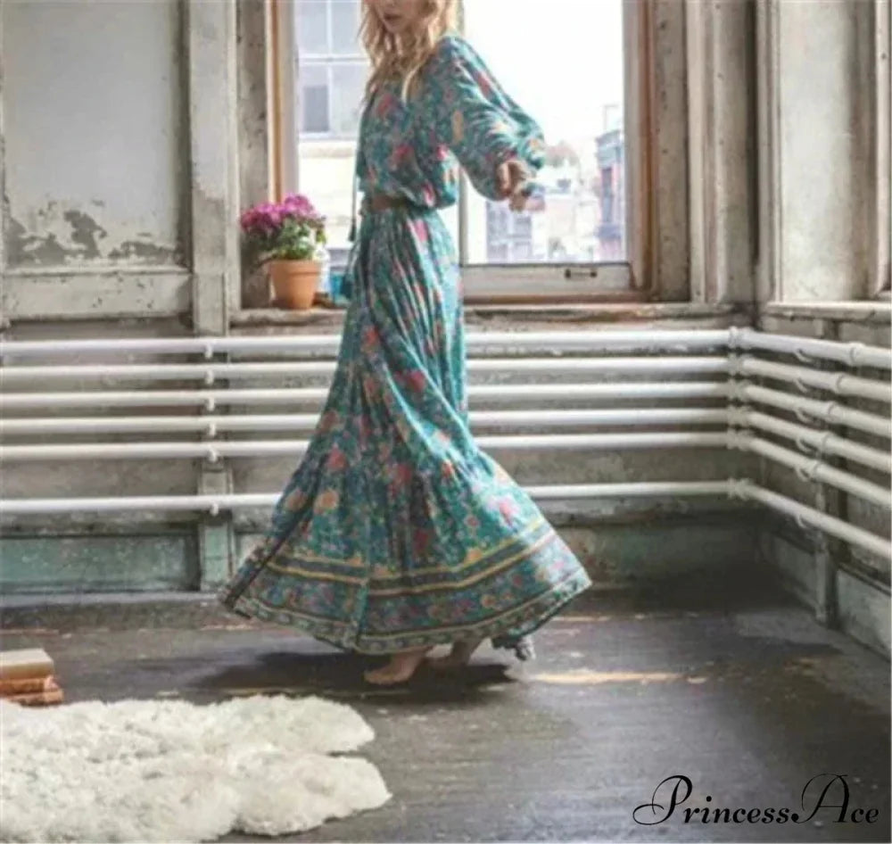 Verdant Flower Pattern Fringe Rayon Cotton Seaside Maxi Boho Dress bohodress-250126
