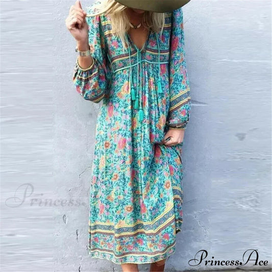 Verdant Flower Pattern Fringe Rayon Cotton Seaside Maxi Boho Dress Green / S bohodress-250126