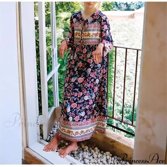 Verdant Flower Pattern Necktie Long Sleeve Rayon Summertime Maxi Bohemian Dress Black / S bohodress-250126