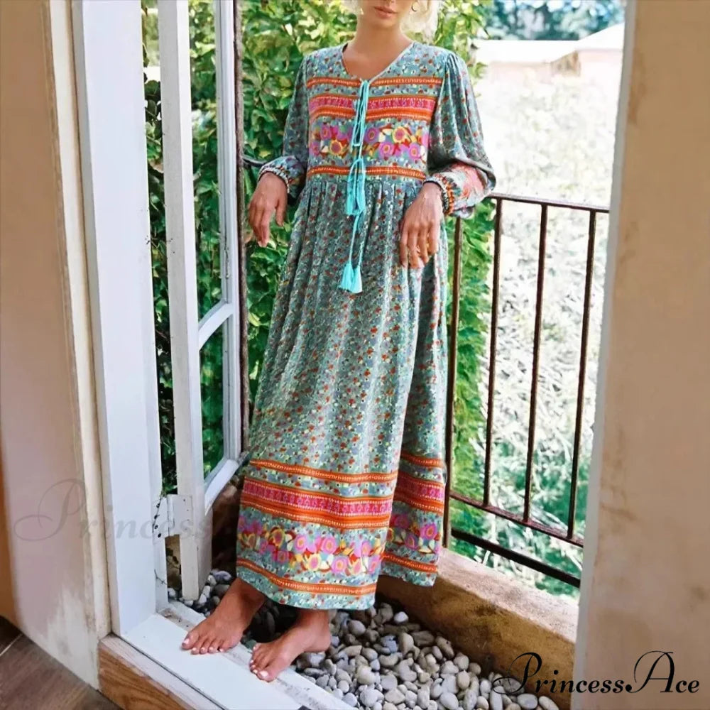 Verdant Flower Pattern Necktie Rayon Cotton Long Sleeve Ethnic Maxi Boho Dress Green / S bohodress-250126