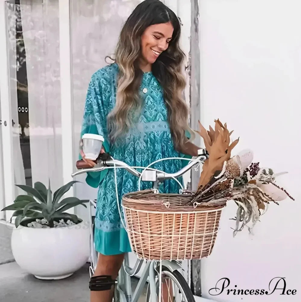 Verdant Flower Pattern Relaxed Round-neck Dolman Sleeve Short Bohemian Dress bohodress-250126