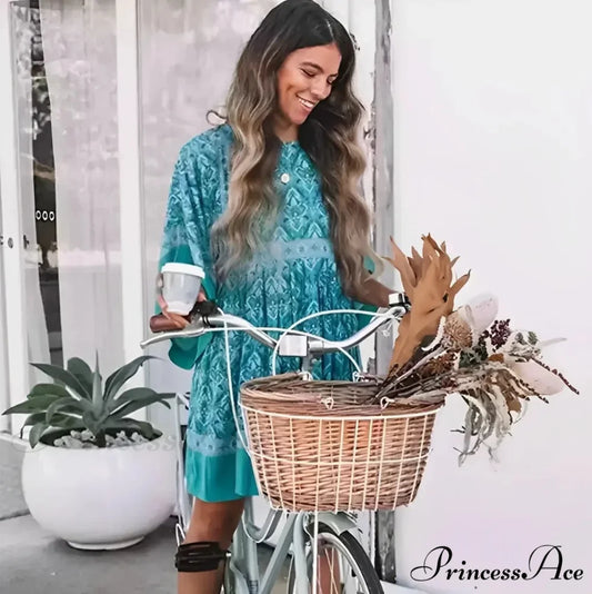 Verdant Flower Pattern Relaxed Round-neck Dolman Sleeve Short Bohemian Dress bohodress-250126
