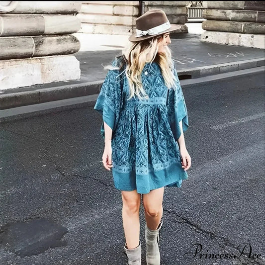 Verdant Flower Pattern Relaxed Round-neck Dolman Sleeve Short Bohemian Dress Green / S bohodress-250126