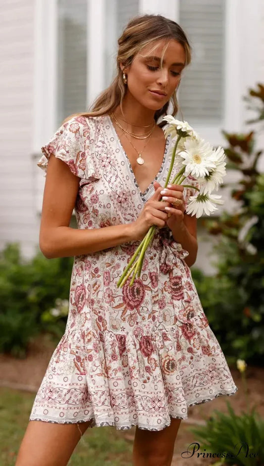 Verdant Flowery Low-cut Bohemian Sun Dress Beige / S bohodress-250126