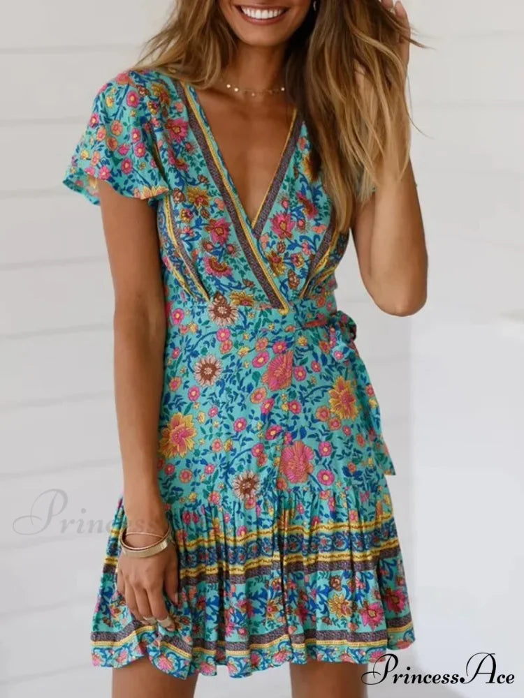 Verdant Flowery Low-cut Bohemian Sun Dress bohodress-250126