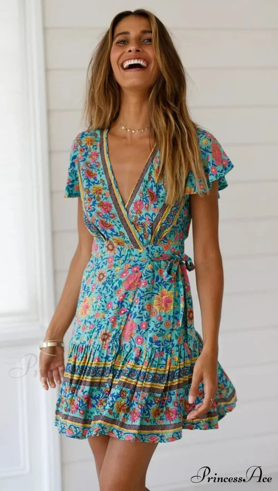 Verdant Flowery Low-cut Bohemian Sun Dress Green / S bohodress-250126