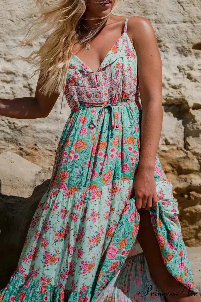 Verdant Flowery Sleeveless Rayon Long Bohemian Dress as picture / S bohodress-250126