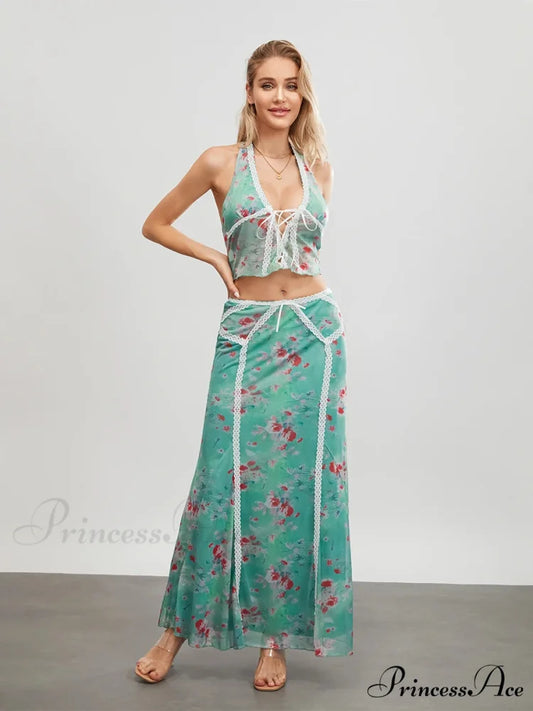 Verdant Flowery Sleeveless Tie-up Halter Backless Long Floral Dress floraldress-250126