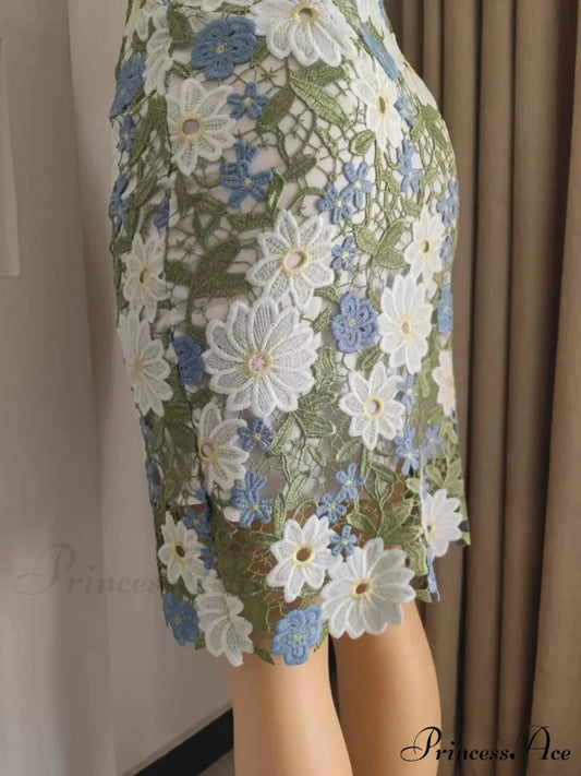 Verdant Lace Pencil Skirt Knee Length Bi-material Skirt Green / S skirt-250126