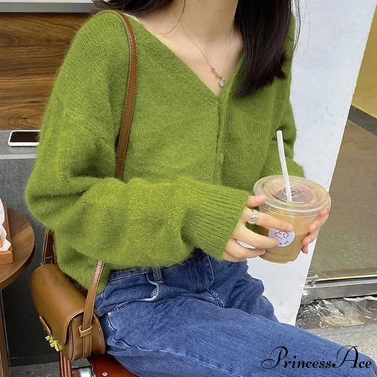 Verdant V-Neck Extended Sleeve Solitary Fastened Knitted Cardigan Green / S cardiagn-250126