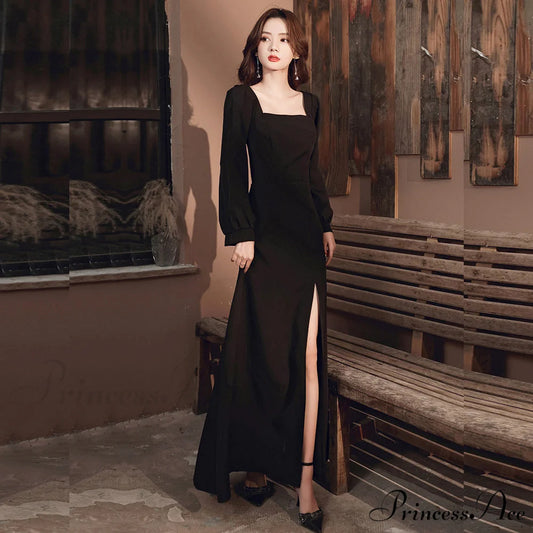 Veronica Front Slit Charming Crepe Formal Dress BLACK / XS