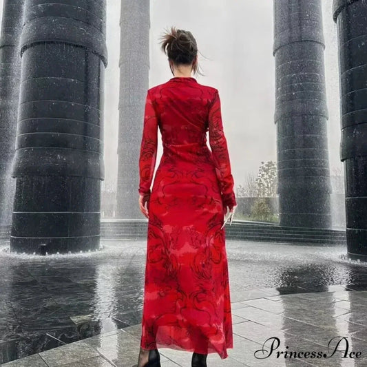 Versatile Limited Printed Screen Dress Women’s Fashion Style Year Loong Christmas Party Dress