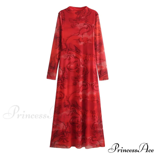 Versatile Limited Printed Screen Dress Women’s Fashion Style Year Loong Christmas Party Dress Red / S