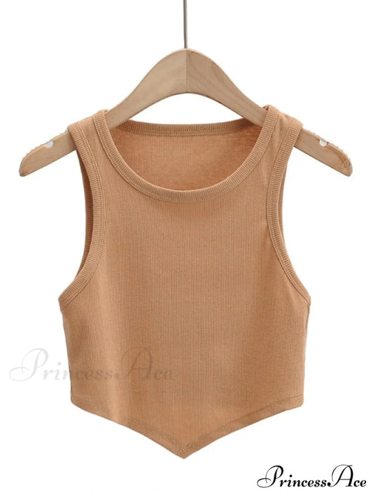 vest round inverted mini triangle Women’s sleeveless neck top Khaki / S