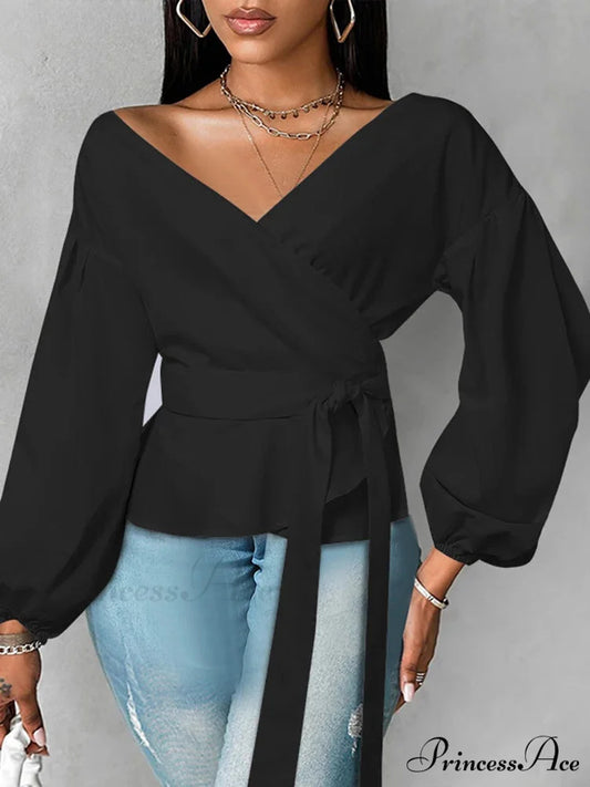 Vestment Sleeve Frilled Cinched Monochrome Blouse Black / 0XL blouse-250126