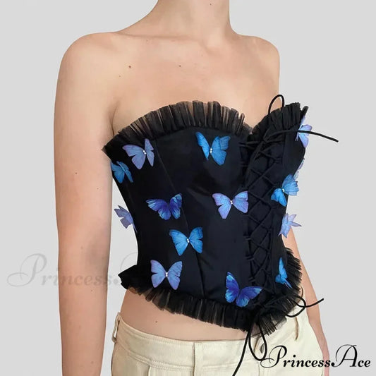 Vibrant Butterfly Patches Mesh Frill Crop Top Black / S croptop-250223