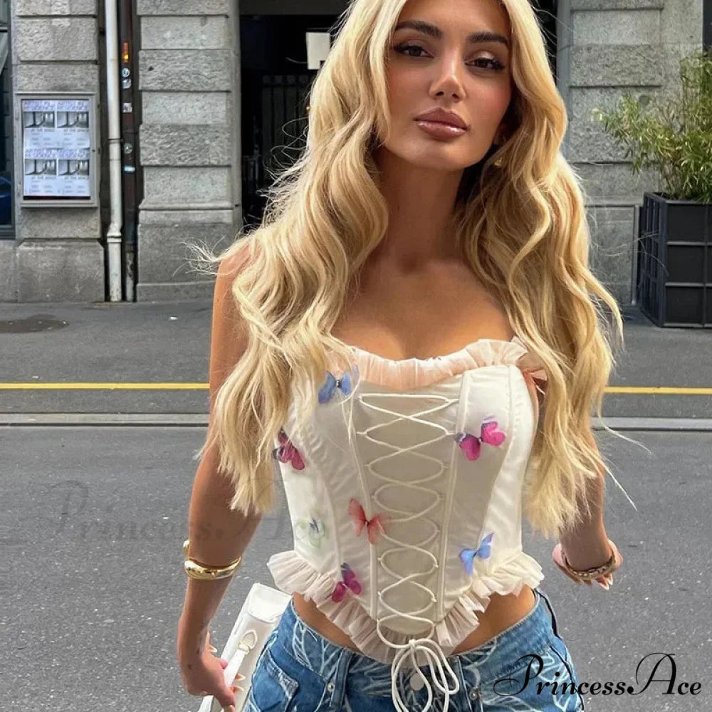 Vibrant Butterfly Patches Mesh Frill Crop Top croptop-250223