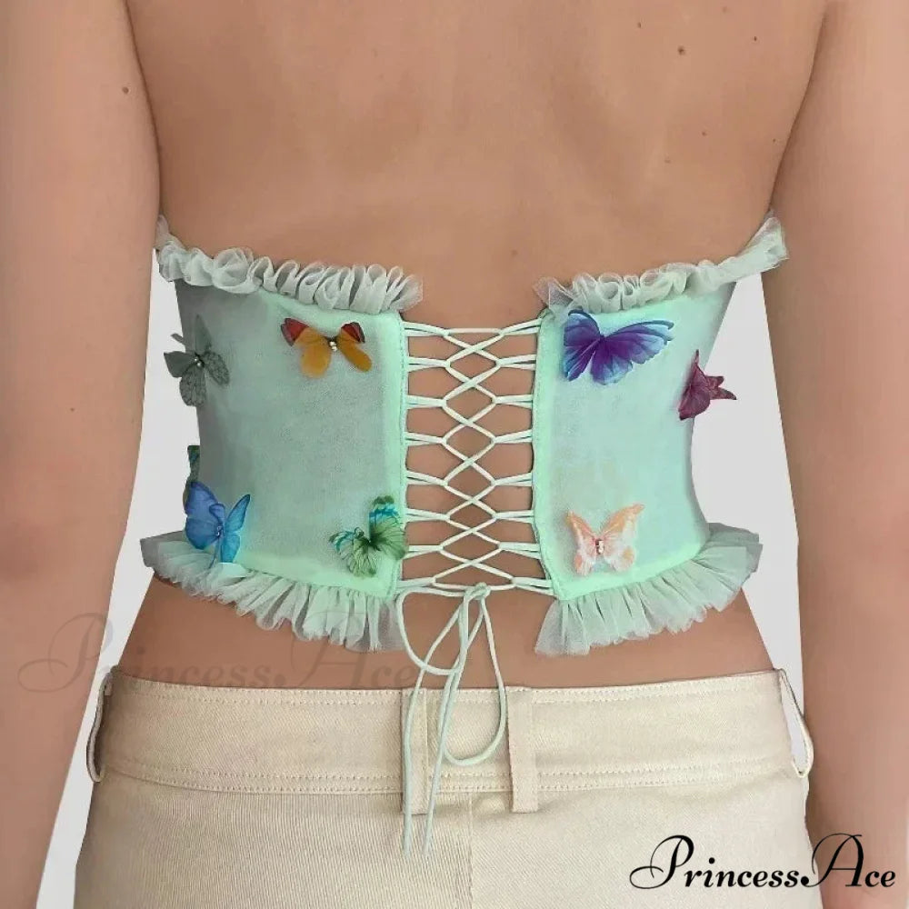 Vibrant Butterfly Patches Mesh Frill Crop Top croptop-250223