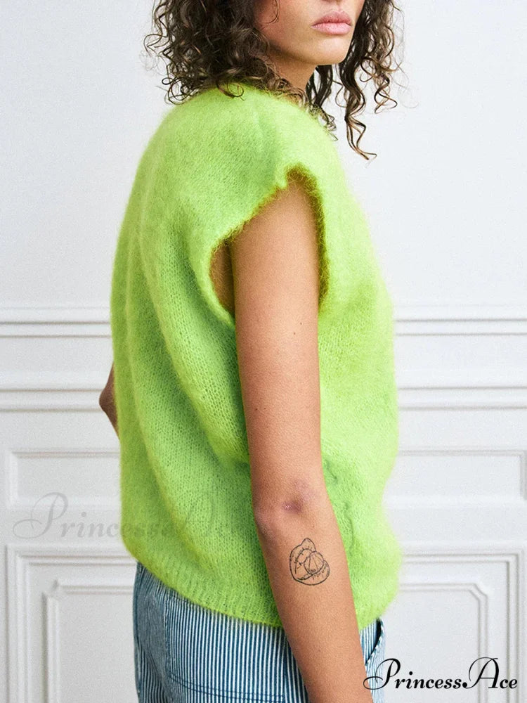Vibrant Hairy Button-Up Sleeveless Cardigan cardigans-241228