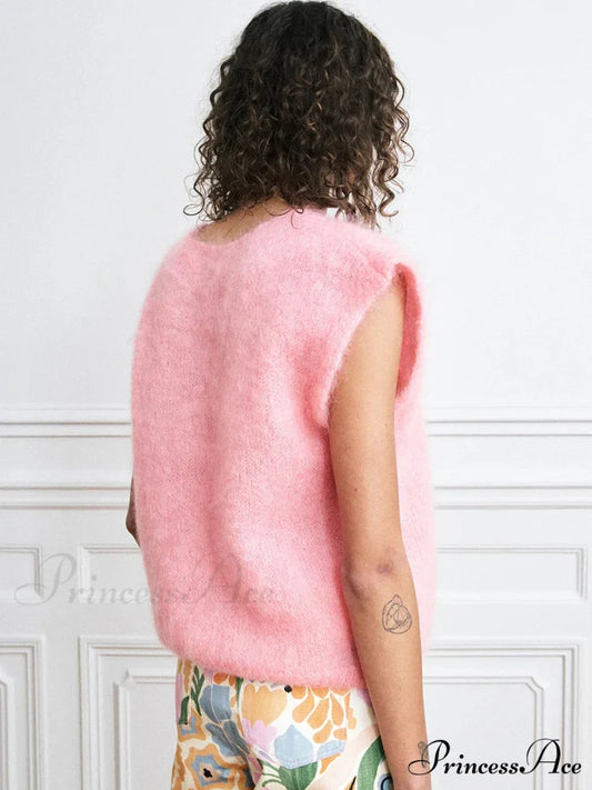 Vibrant Hairy Button-Up Sleeveless Cardigan Pink / S cardigans-241228
