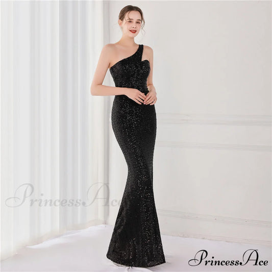 Victoria Formal One-Shoulder Charming Sequined Fishtail Dress BLACK / XS