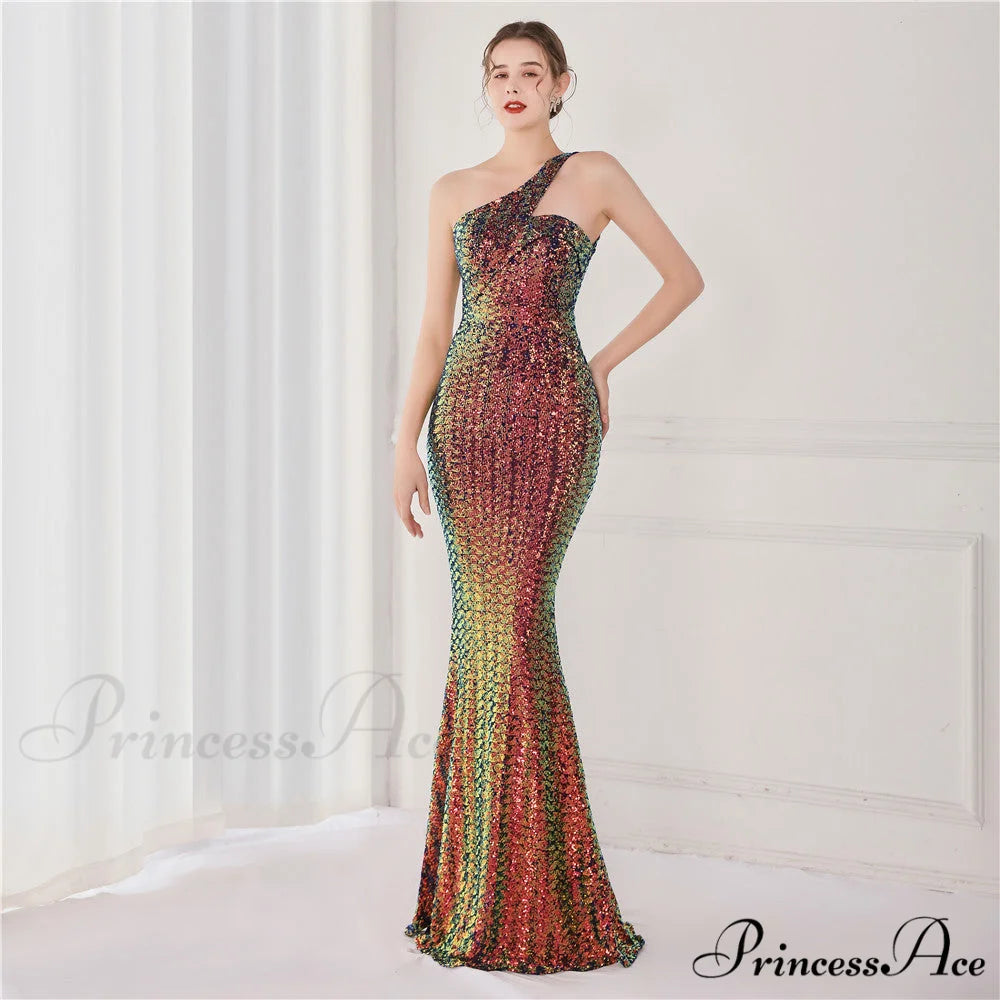 Victoria Formal One-Shoulder Charming Sequined Fishtail Dress BLUE / XS