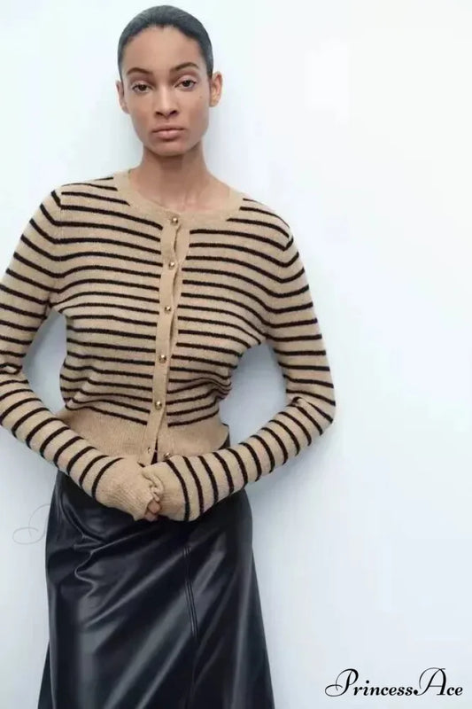 Vintage Banded Printed Circular Neck Cardigan camel / S cardigans-241228