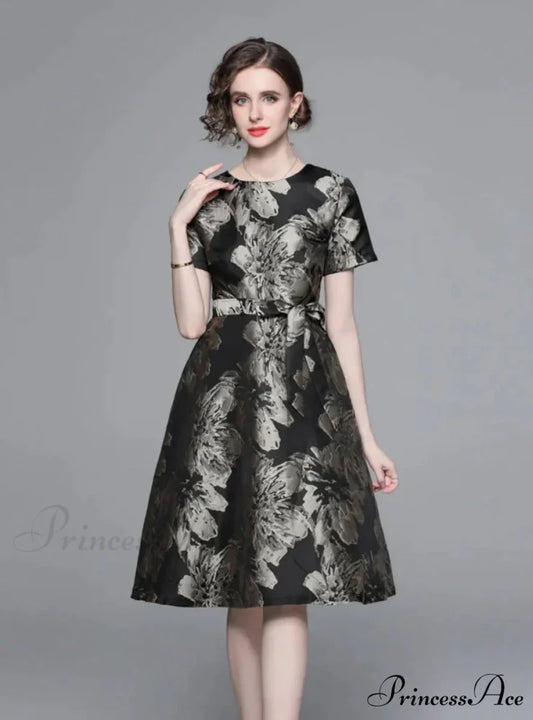 Vintage Black and Gold Print Dress with Short Sleeves