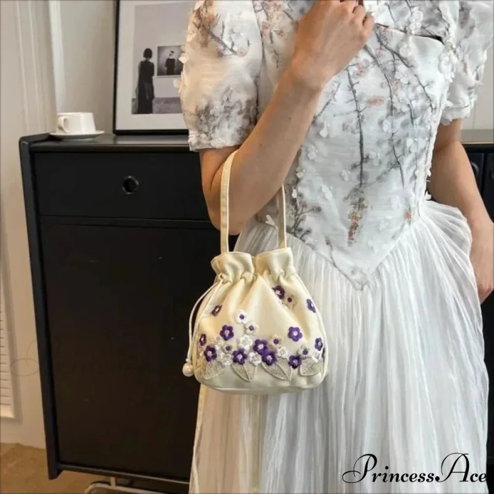 Vintage Blossom Stitched Lace Cinch Bucket Purse handbag-250126