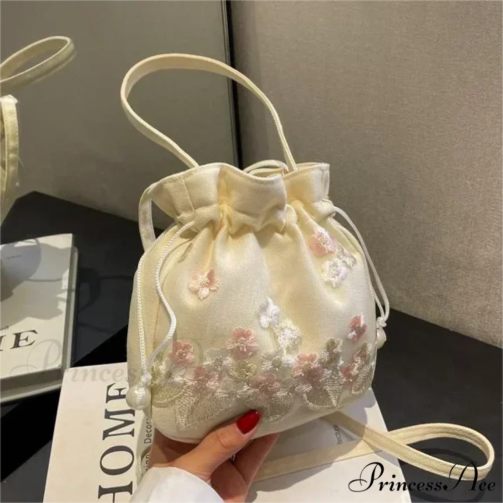 Vintage Blossom Stitched Lace Cinch Bucket Purse Pink handbag-250126