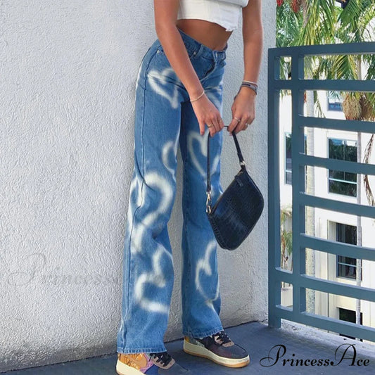Vintage Blue Heart Printed Baggy Jeans Blue / S