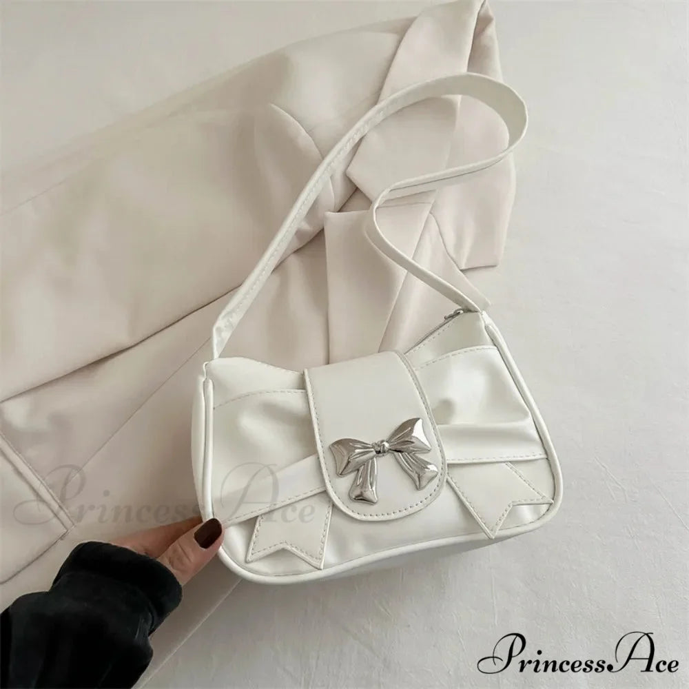 Vintage Bow Faux Leather Professional Shoulder Purse White shoulder-250126