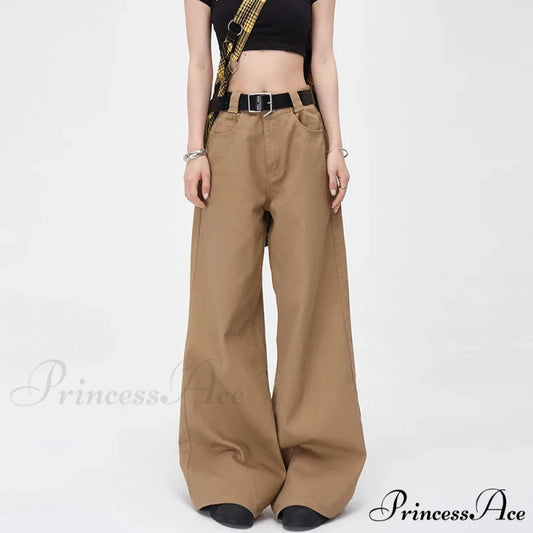 Vintage Brown Loose Wide Leg Mid-waist Women Elegant Chic Jeans BROWN / XS
