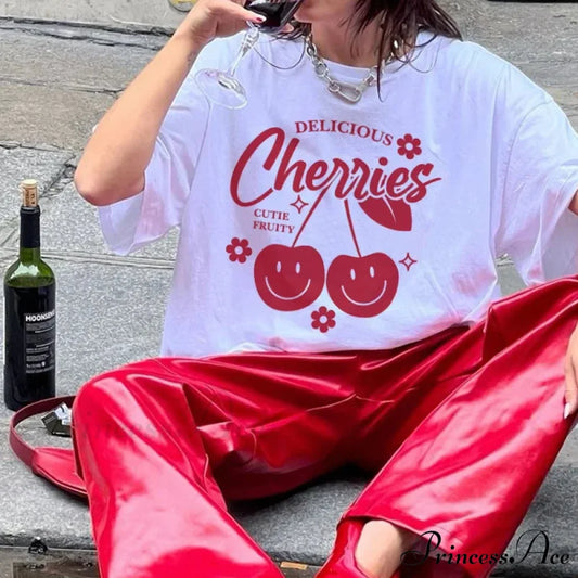 Vintage Cartoon Cherry Graphic T-shirt WHITE / S t-shirt-250223