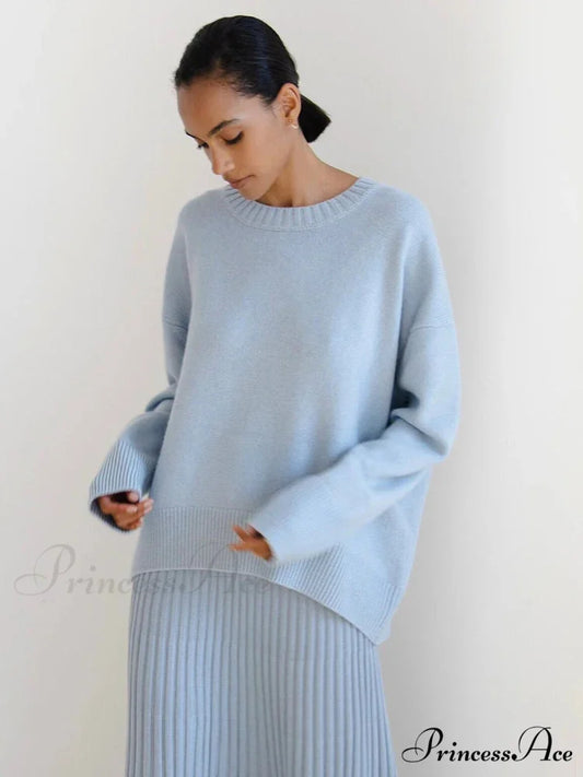 Vintage Casual Cozy Stylish Autumnal Streetwear Warm Long Sleeve Sweater SKY BLUE / One Size